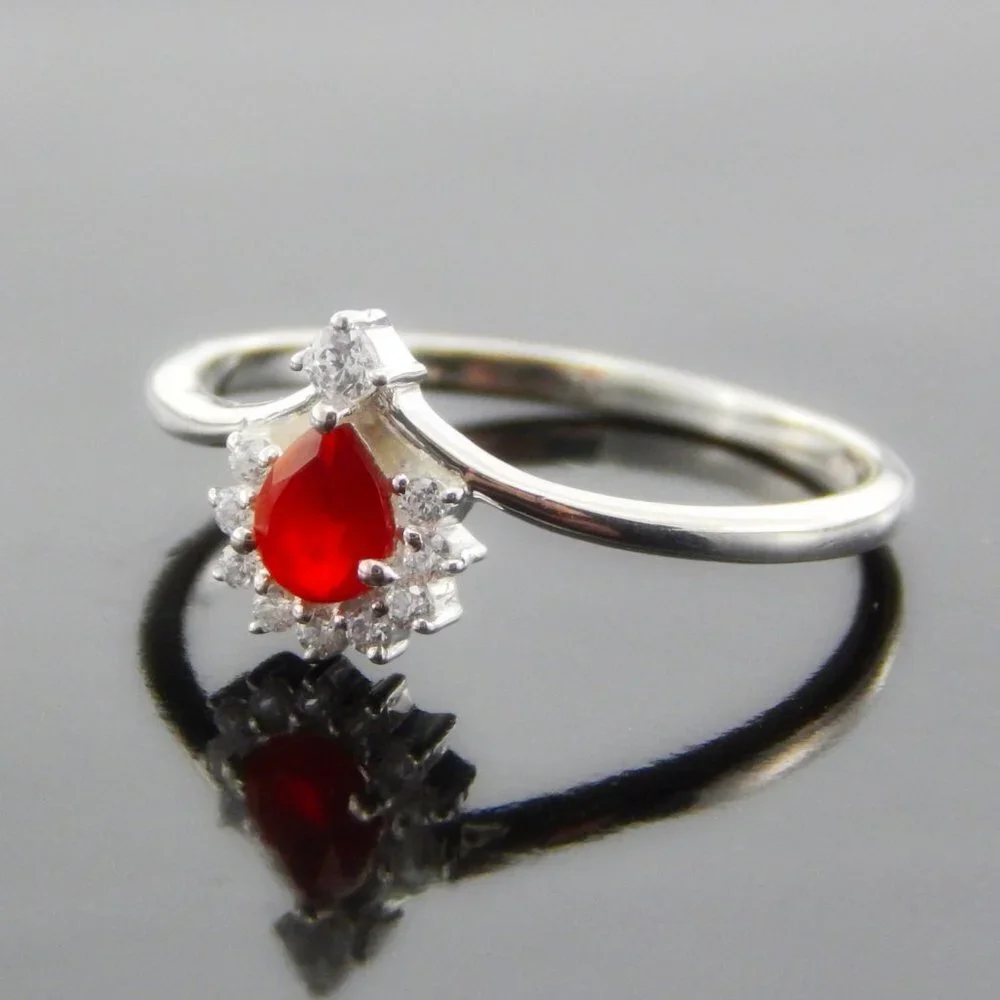 Genuine Mexican Fire Opal Pear Cut Ring in 925 Silver